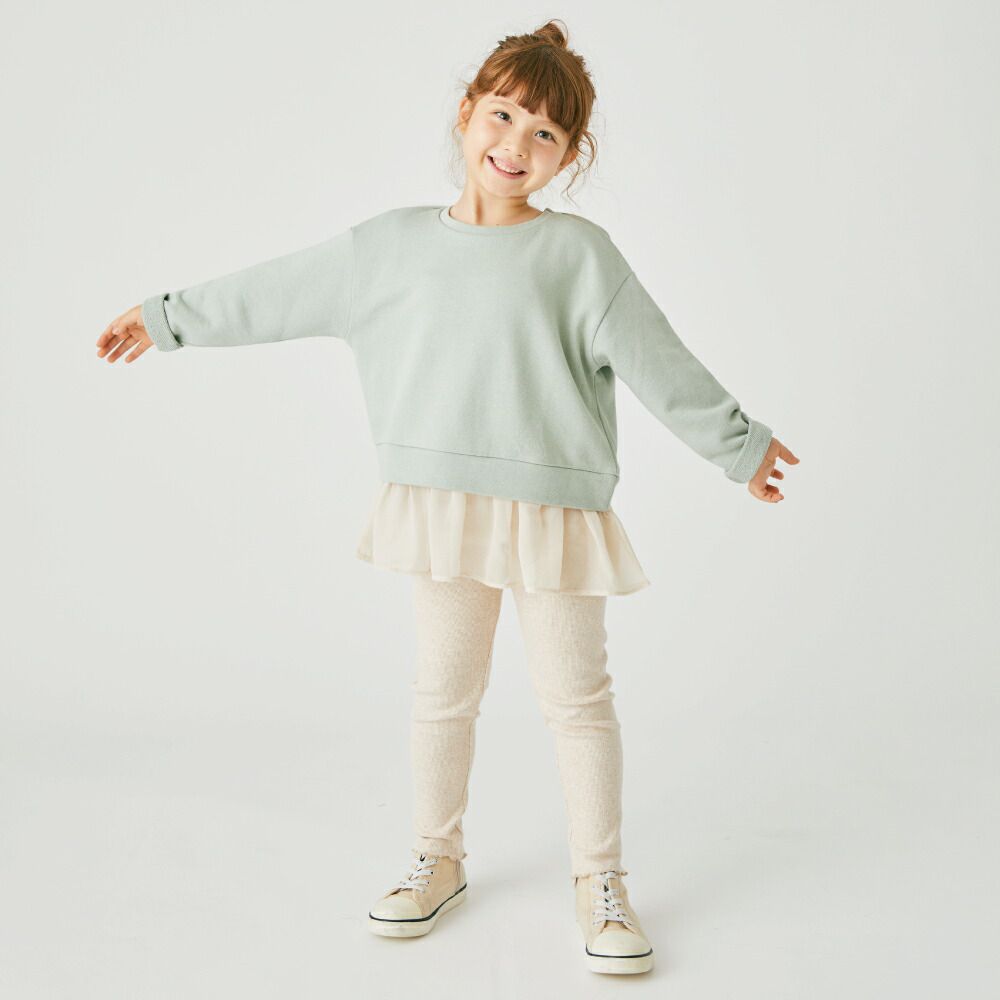 日本 evercloset - 下擺飄逸薄紗素色長袖上衣-煙燻粉x白