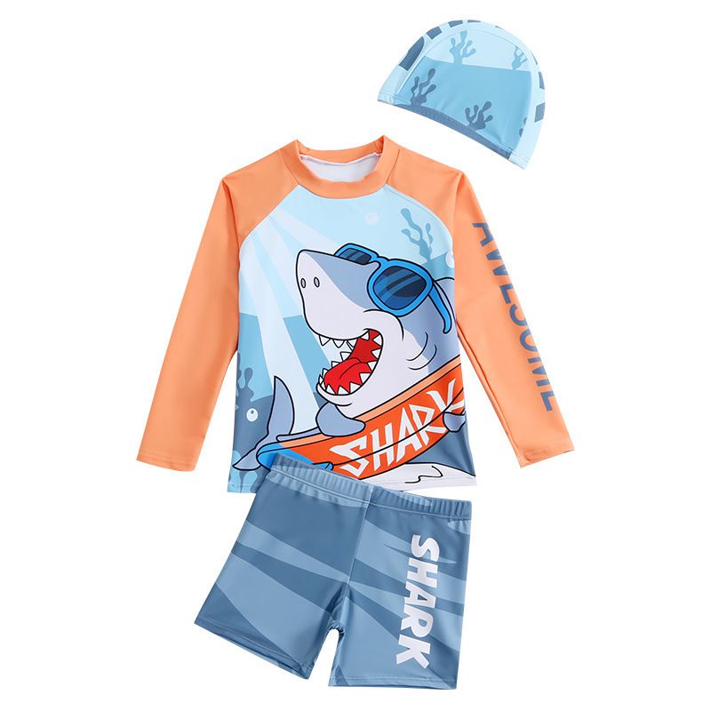 男寶童趣卡通圖長袖泳衣套裝(三件組)-墨鏡鯊魚-灰藍+橘-泳帽、泳衣、泳褲