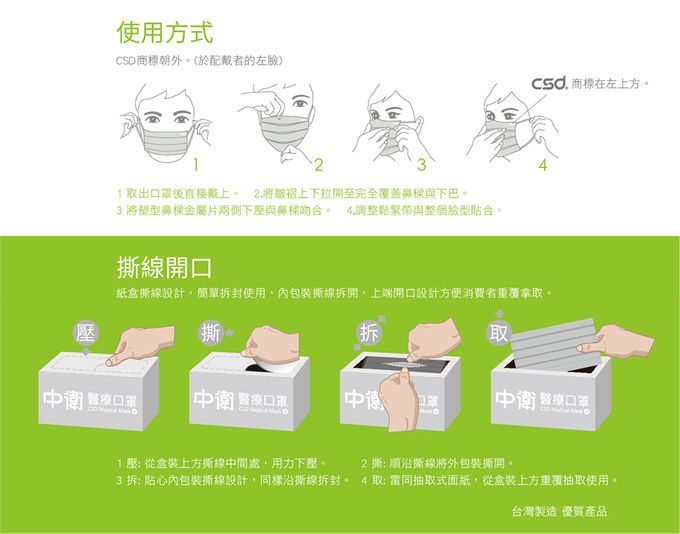 CSD中衛 - 醫療口罩-成人平面-炫綠(30片/盒)