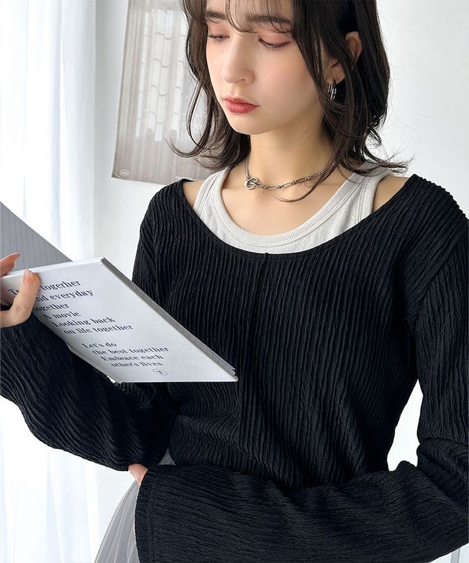 日本 Classical Elf - 前後2way微光澤紋理長袖上衣-藍