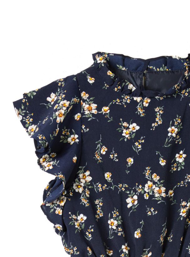 日本 GRL - 清新小碎花飛飛袖綁帶雪紡洋裝-深藍