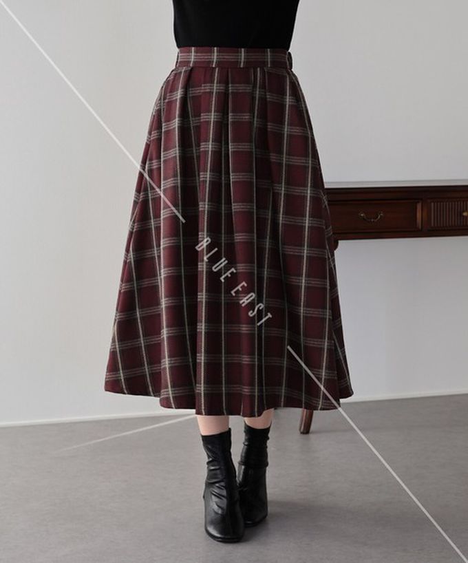 日本 BLUE EAST - 經典格紋挺版皺摺長裙(有口袋)-咖啡棕