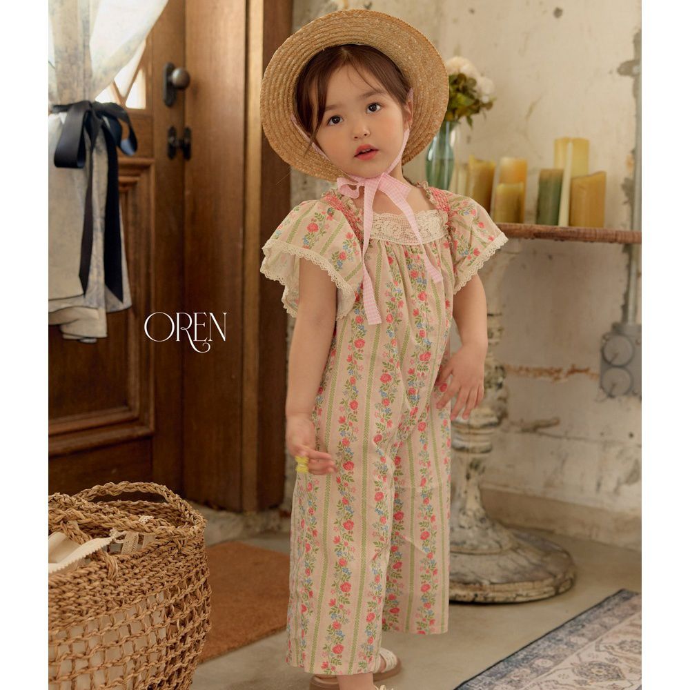 OREN 南法花園蕾絲方領荷葉袖連身褲-粉紅