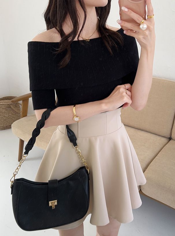 日本 GRL - 一字領羅紋顯瘦短袖上衣-白 (F)