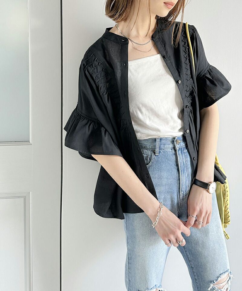 日本 Classical Elf - 2WAY透氣荷葉袖圓領襯衫-白