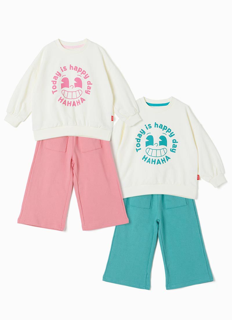 韓國 OZKIZ - HAHA笑臉休閒長袖寬褲套裝-米X粉