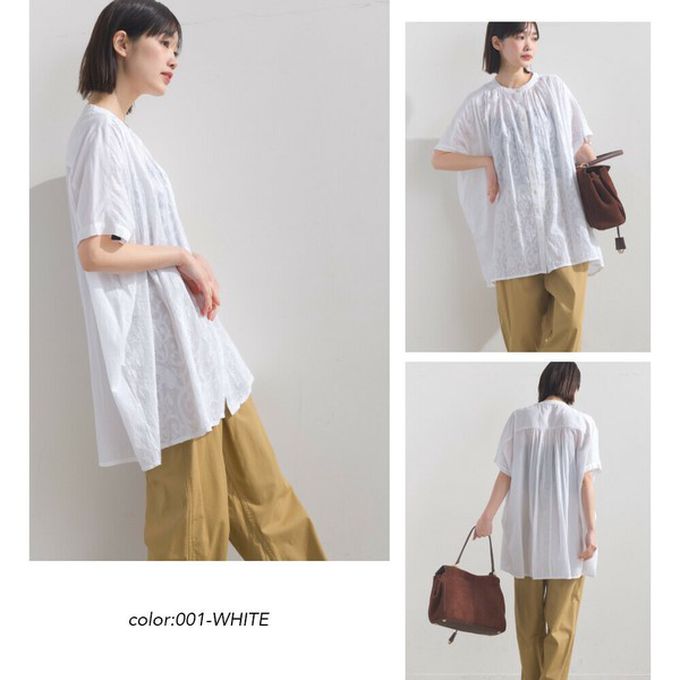 日本 OMNES - 100%棉 透膚感緹花短袖寬版襯衫-淺灰棕