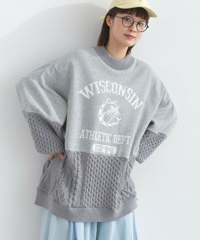 日本 Lupilien - 鬥牛犬印花粗針織拼接裏毛長袖上衣-酒紅