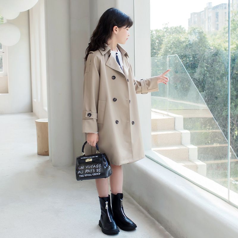 英倫風氣質長版風衣外套-杏色