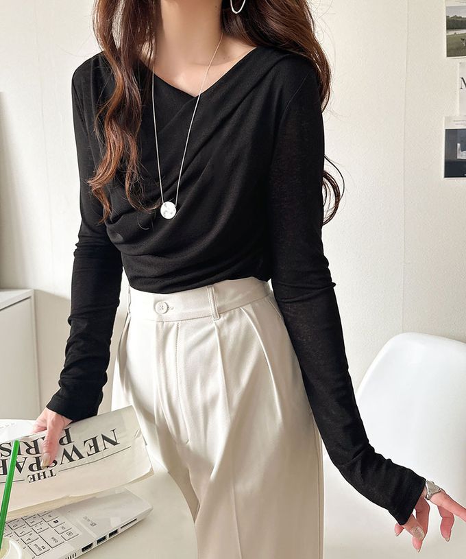 日本 Classical Elf - 柔美皺摺顯瘦V領薄長袖上衣-黑