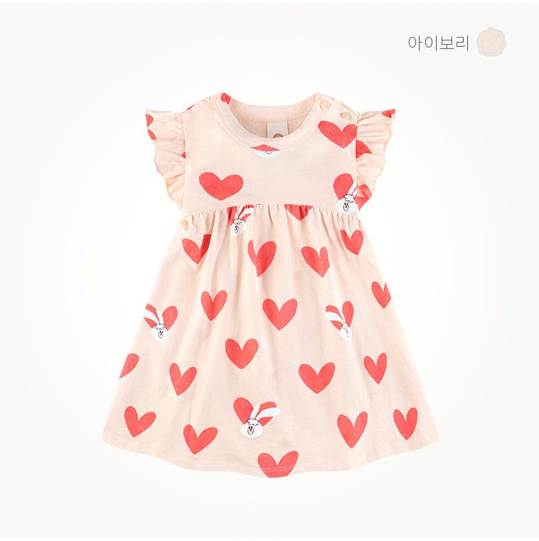 韓國 milk mile - 白兔心紋花袖洋裝-灰藍X紅愛心
