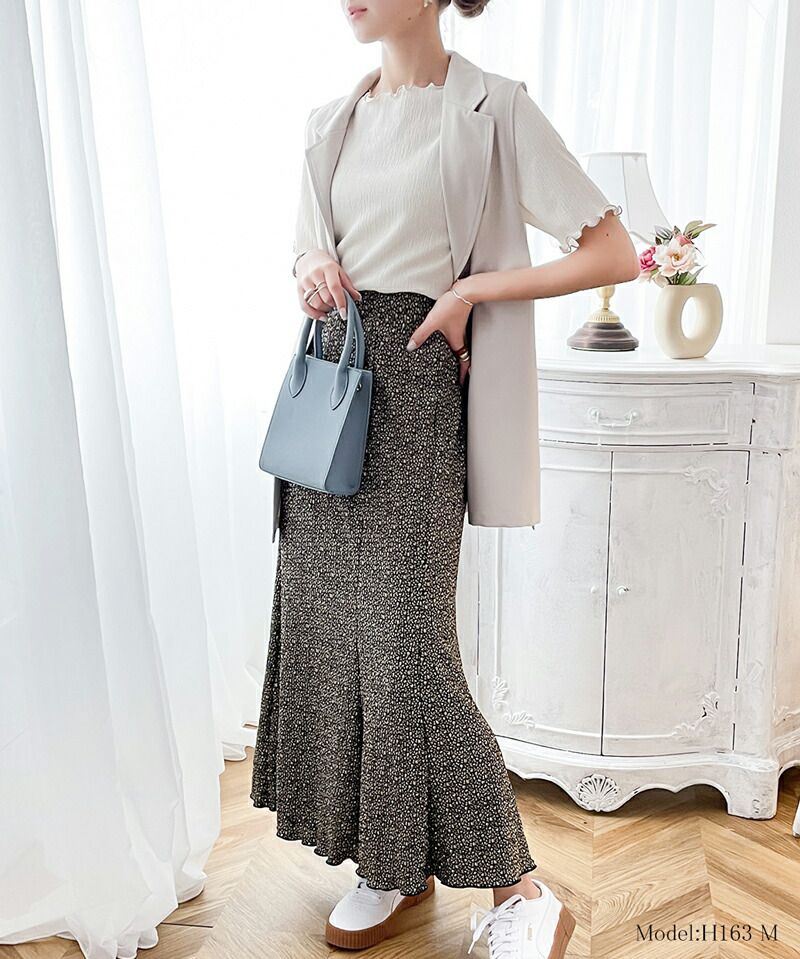 日本 Classical Elf - 優雅楊柳細摺魚尾長裙-小碎花-黑