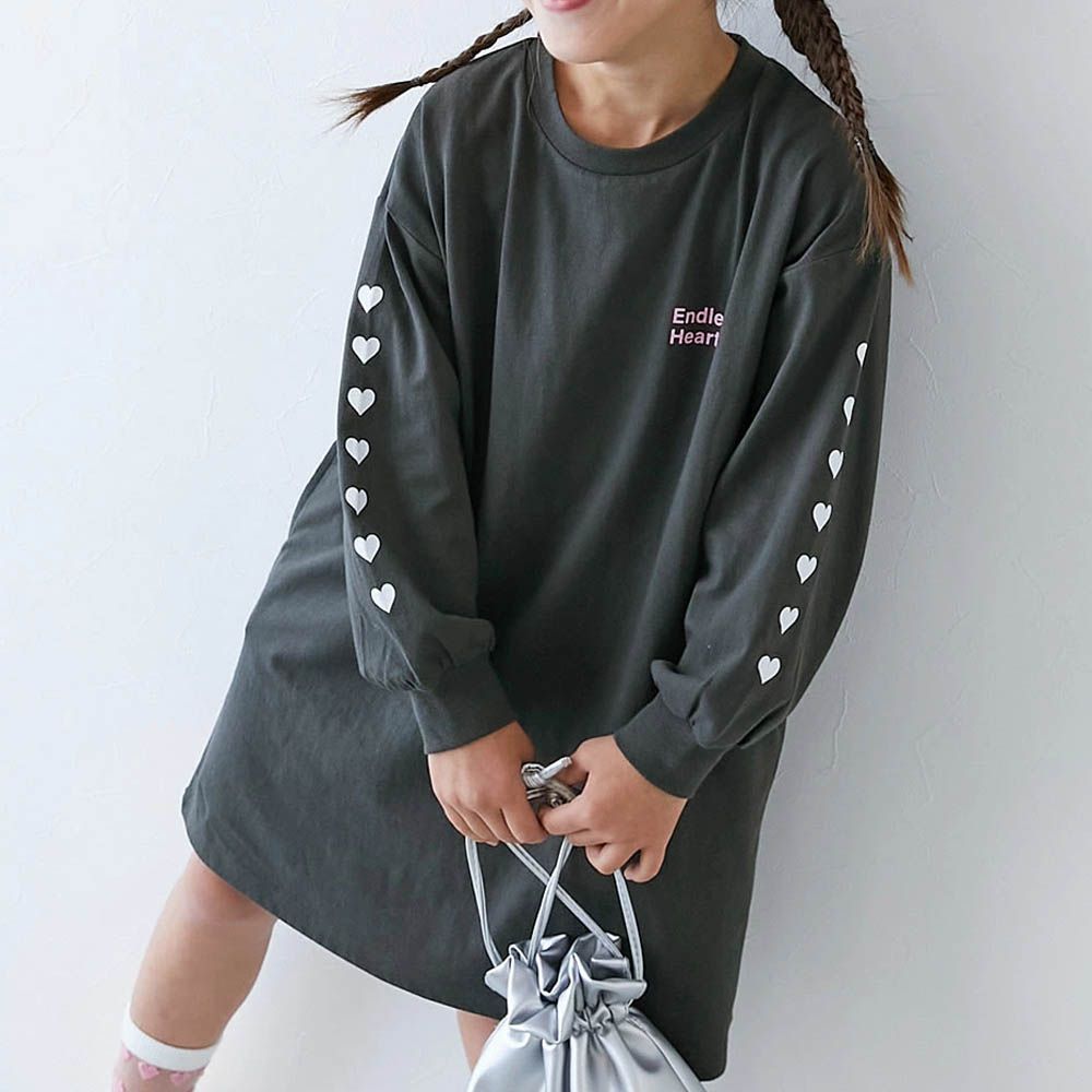 100%棉 定番印花休閒長袖洋裝-愛心袖子-黑