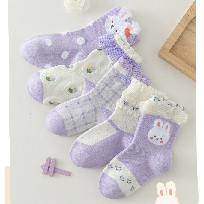 love, charlotte - 秋冬款淺紫色小兔子荷葉花邊中筒襪-5 雙一組