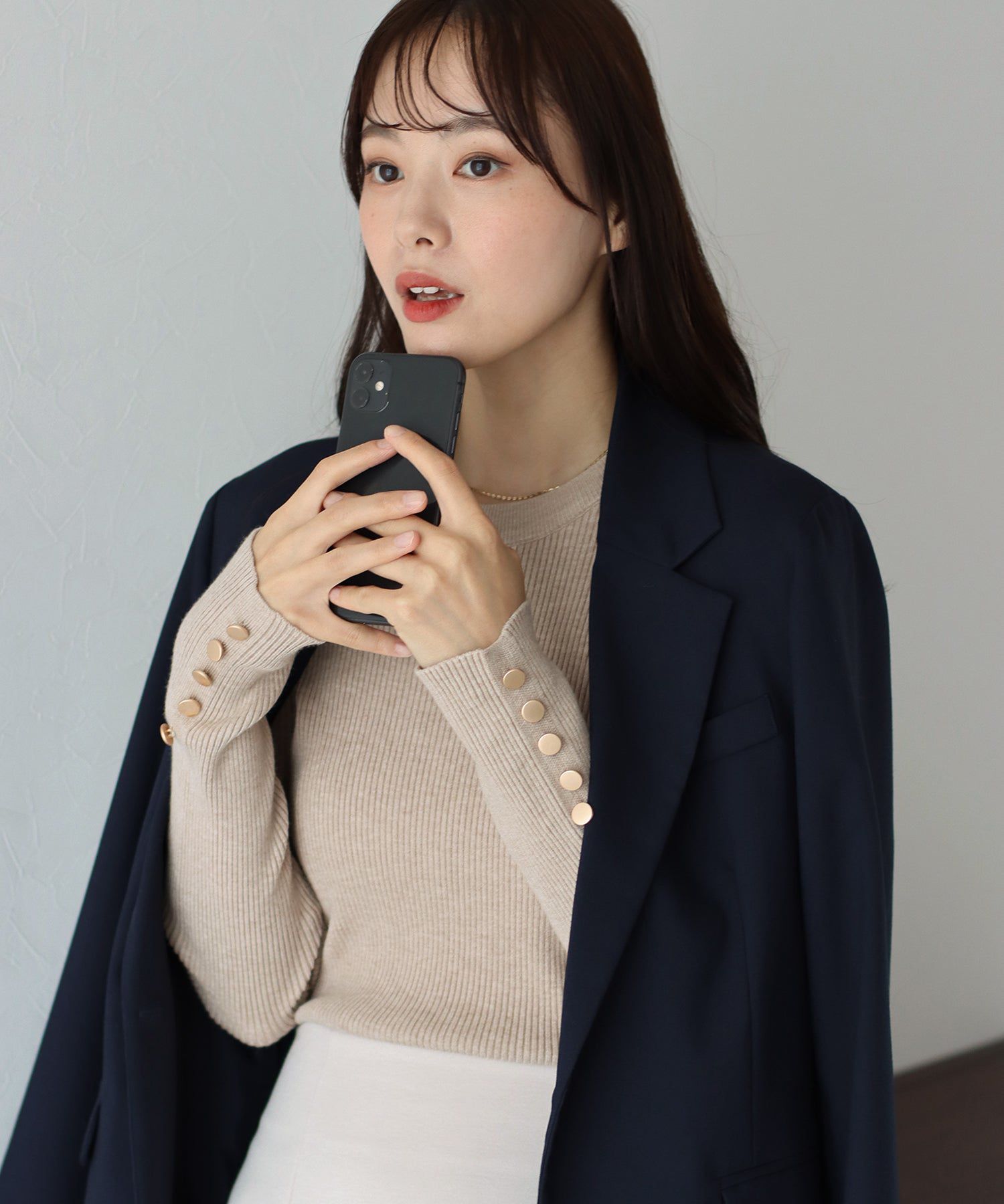 日本 BLUE EAST - 時尚金釦羅紋針織上衣-墨綠