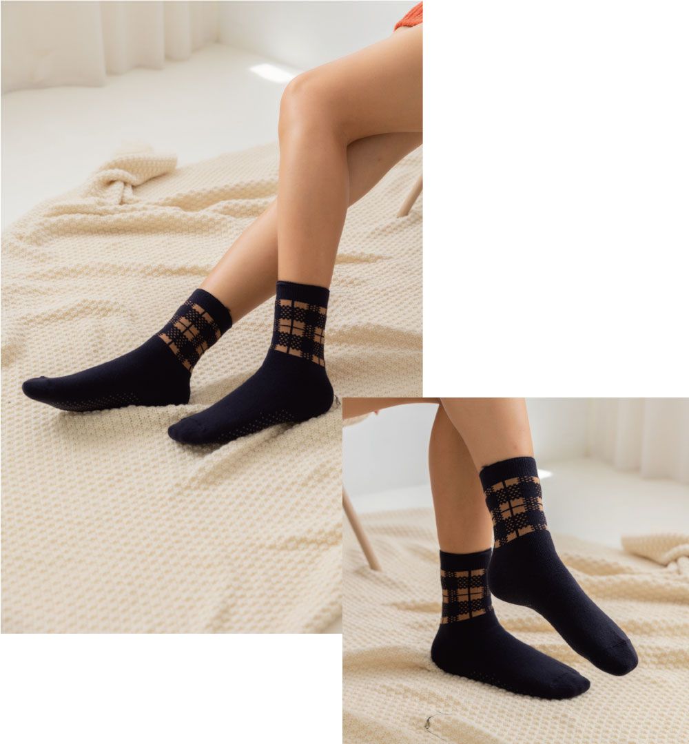 貝柔 Peilou - 裹起毛厚織長襪-格紋-深藍