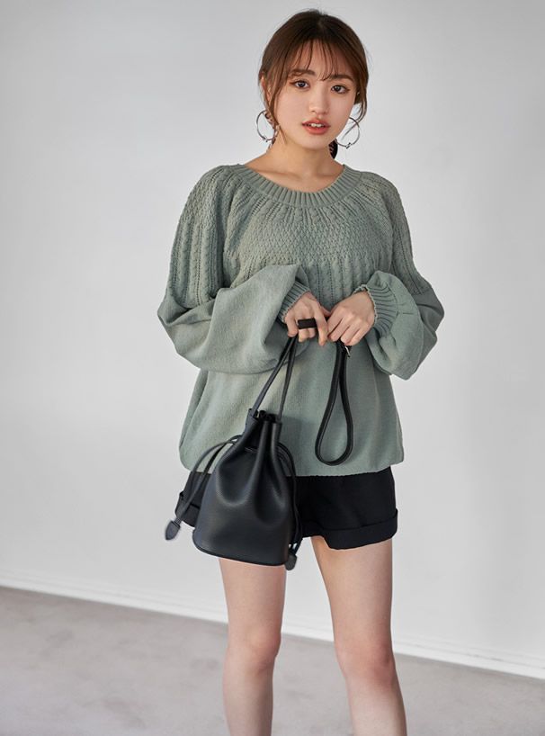 日本 GRL - 放射編織紋圓領針織上衣-杏