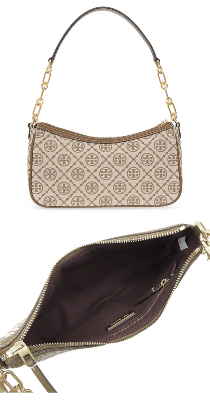 TORY BURCH - TORY BURCH 滿版logo提花織布單肩包 (卡其)