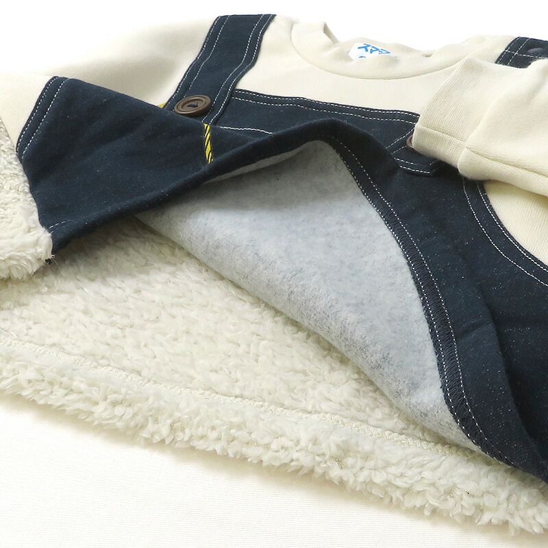 日本 ZOOLAND - 藍色小精靈聯名 保暖長袖上衣-牛仔吊帶塗鴉-奶油杏