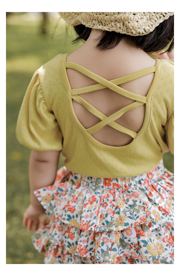 鳥眼簍空泡泡袖上衣-黃色