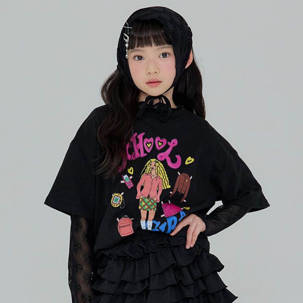 美式辣妹圖案寬鬆短袖上衣-黑