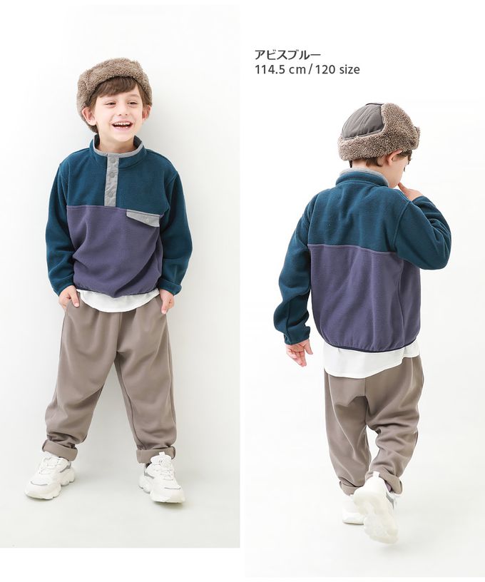 日本 devirock - 搖粒絨配色保暖休閒長袖上衣-棕x藍