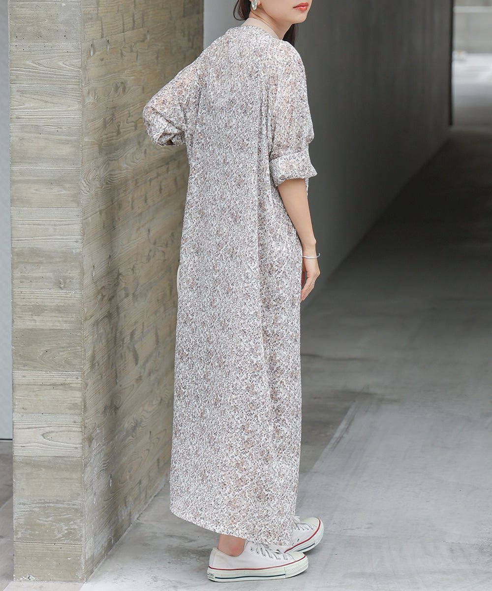 日本 Bab - 文藝浪漫碎花排扣洋裝-石英灰