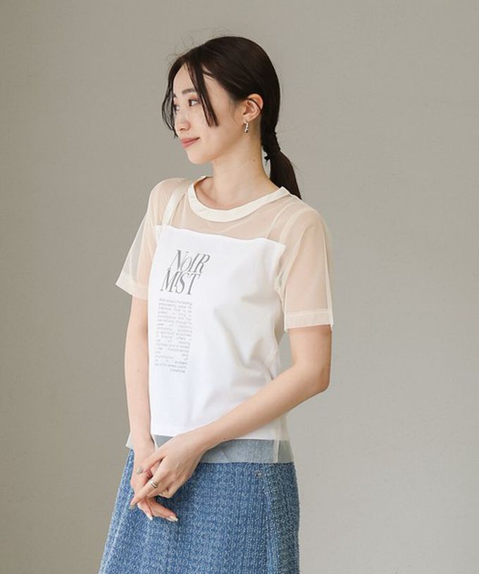 日本 Bab - 個性風透膚薄紗層次短袖上衣-英文字印花-白