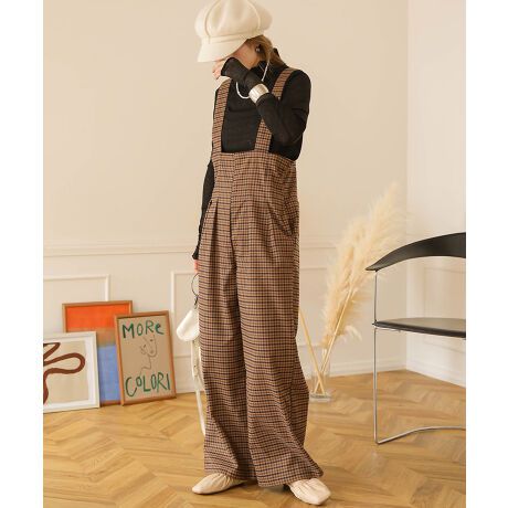 日本 Bab - 文藝少女歐風吊帶褲-格紋-卡其