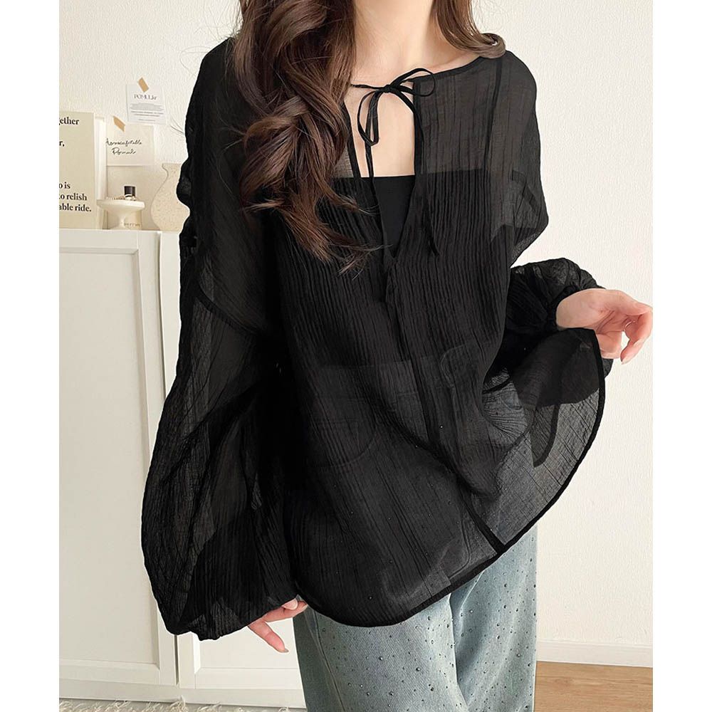 浪漫優美透膚2way長袖罩衫-黑
