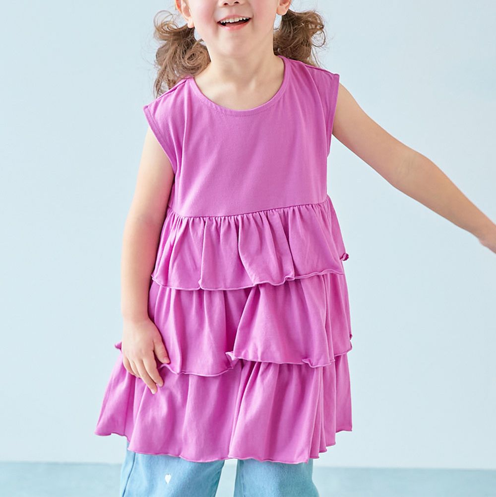 俏皮分層荷葉無袖洋裝/長上衣-莓果粉