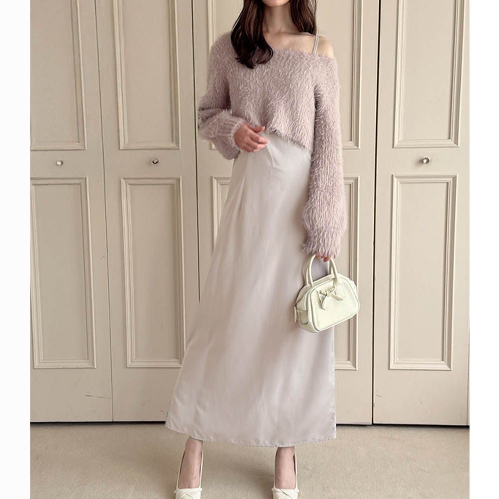 浪漫毛絨V領針織上衣+吊帶洋裝(2件組)-粉紅