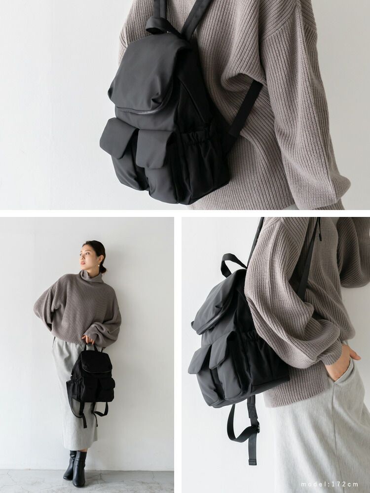 日本代購 - 尼龍輕量 10口袋多功能後背包/媽媽包-黑灰迷彩 (32x29x12cm)