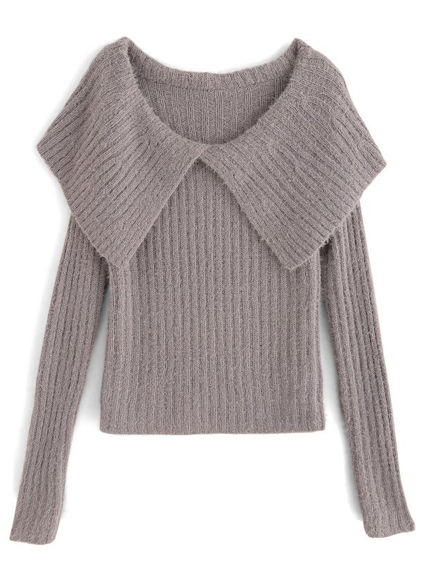 日本 GRL - 優雅甜美毛絨感大翻領針織上衣-黑