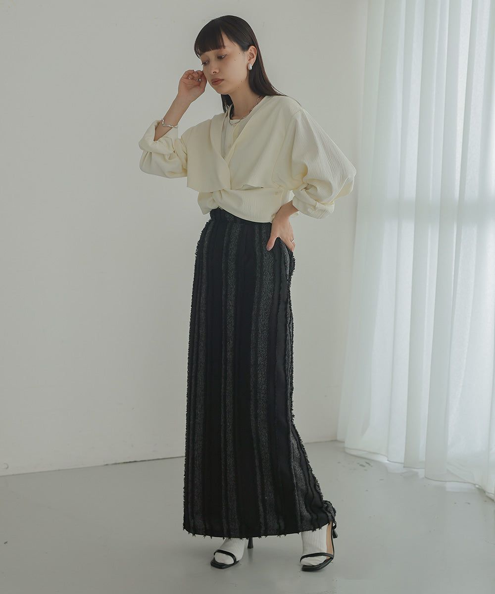 日本 Bab - 毛絨感直條顯瘦開叉長裙-黑