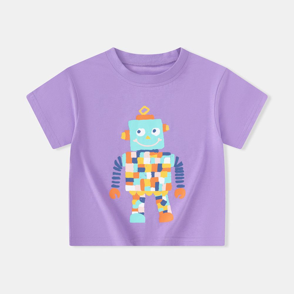 純棉短袖上衣-格子機器人-紫色