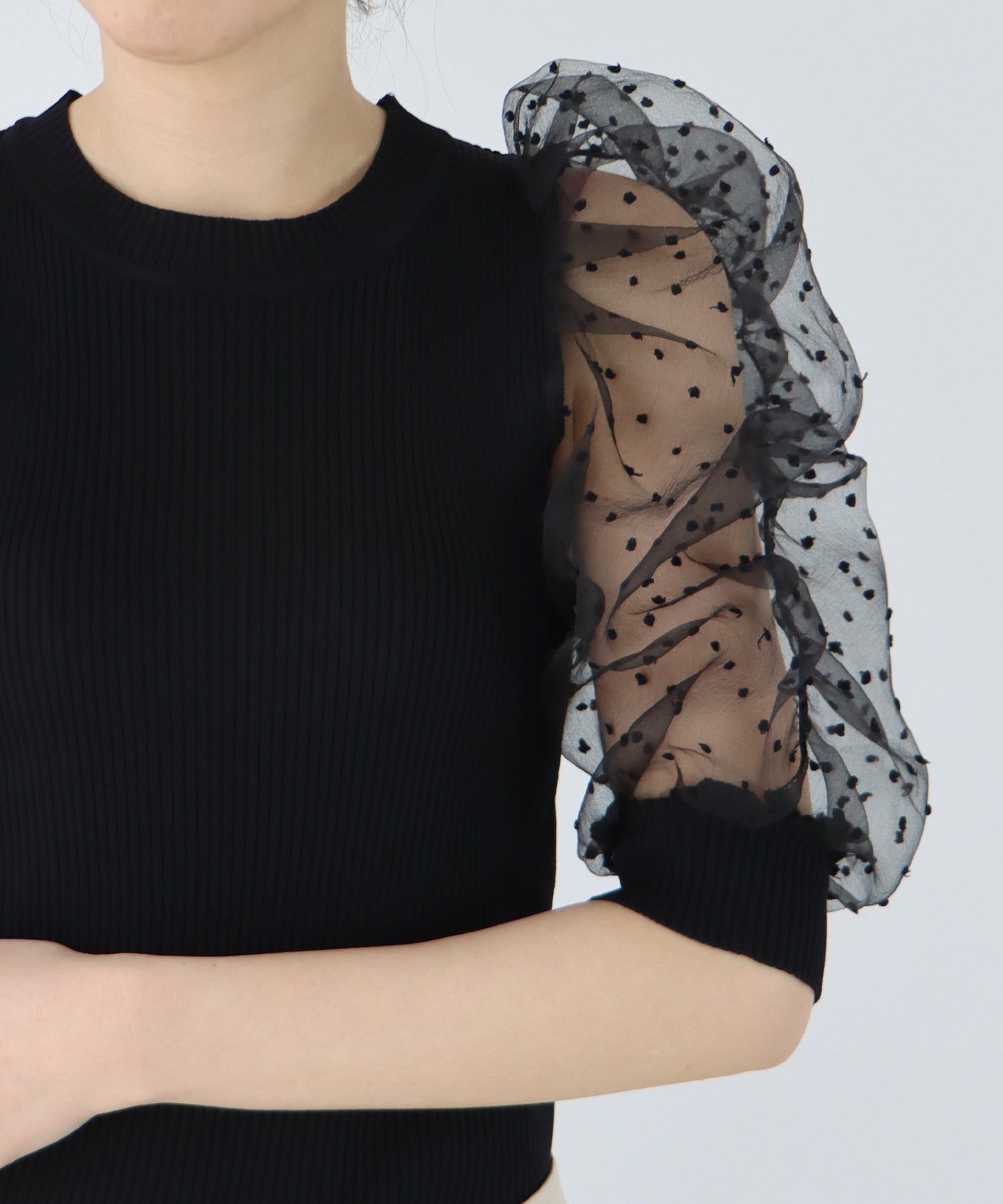 日本 BLUE EAST - 夢幻薄紗拼接五分袖上衣-黑x黑