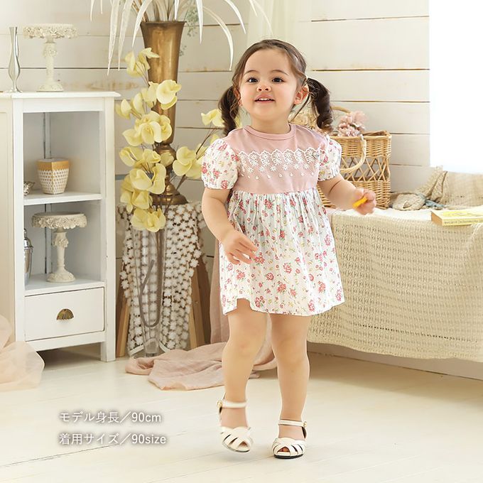 日本 ZOOLAND - 甜美花卉胸前蕾絲短袖洋裝-鵝黃