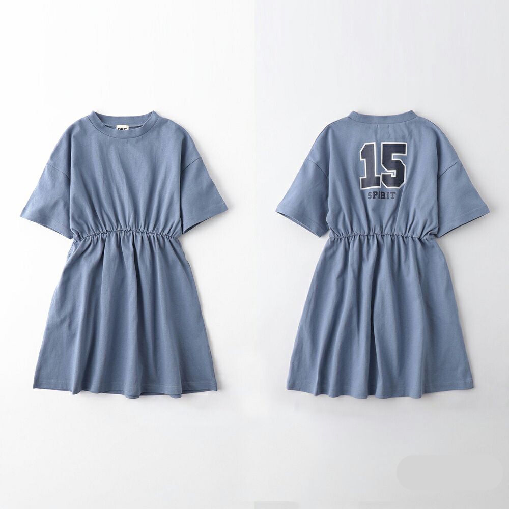 純棉背後印花束腰短袖洋裝-背號15-煙燻藍