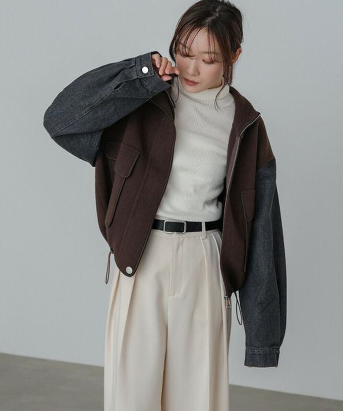 日本 Bab - 俐落簡潔丹寧袖拼接夾克/外套-棕系