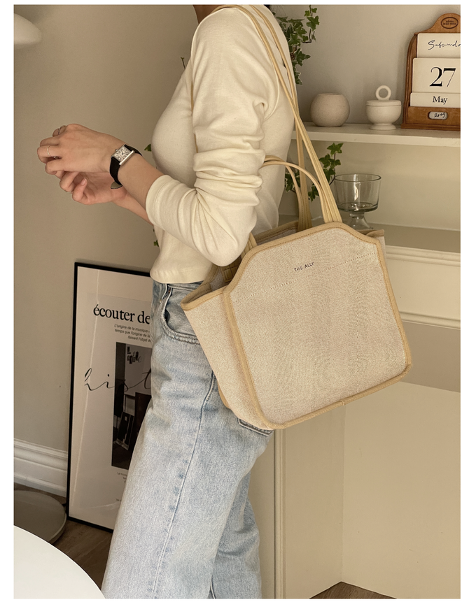 韓國 THEALLY - (附小袋)質挺帆布方包手提/肩背包-奶油黃 (中)