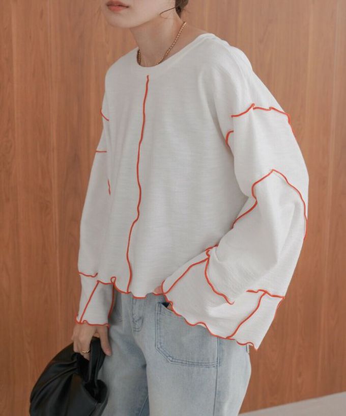 日本 Bab - 活力跳色感木耳邊大寬袖上衣-白x橘