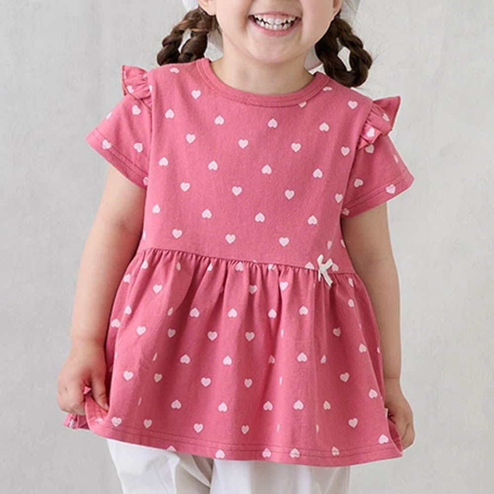 荷葉袖傘狀層次短袖上衣-滿版愛心-桃粉