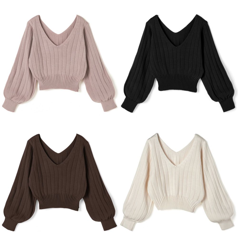 日本 GRL - 前後V領收腰坑羅紋針織上衣-米