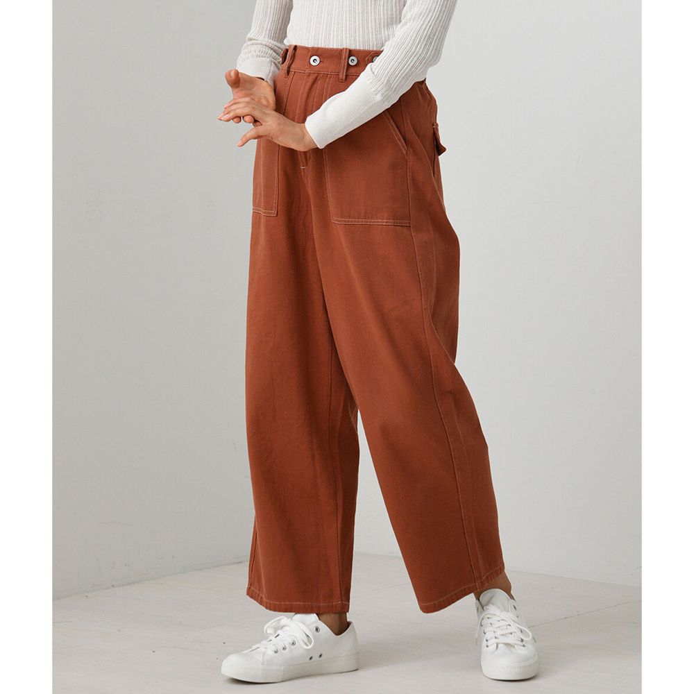 日本 Bou Jeloud - 配色線條柔軟純棉寬褲(可調腰圍)-磚咖