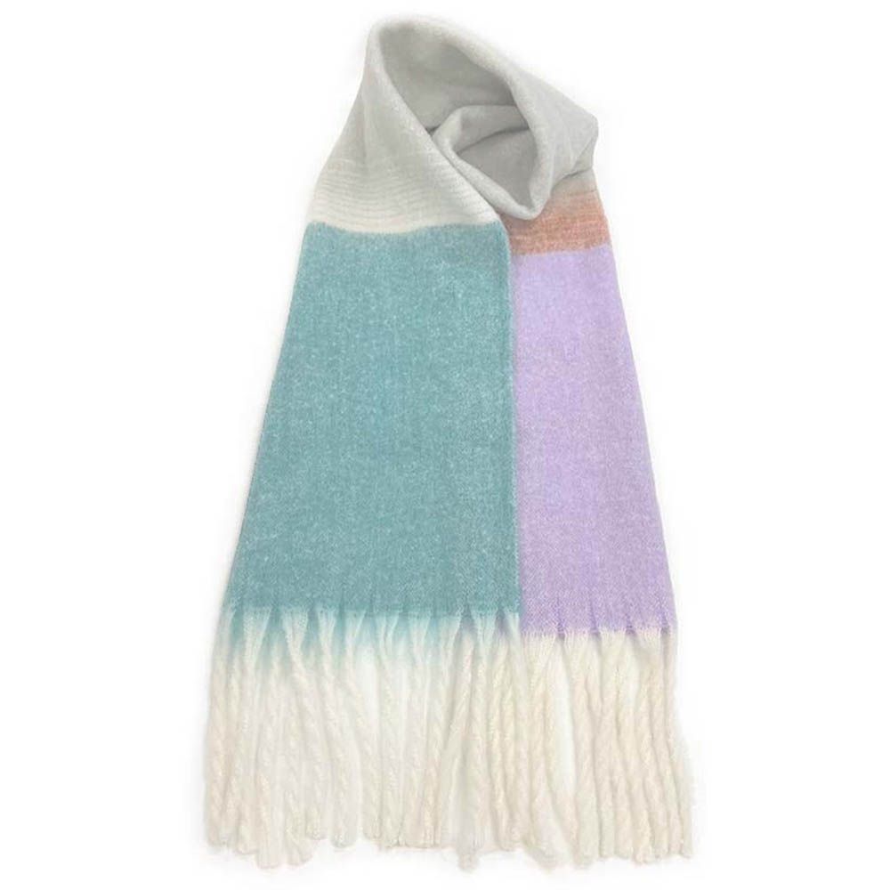 份量感印花保暖流蘇圍巾-撞色-綠紫