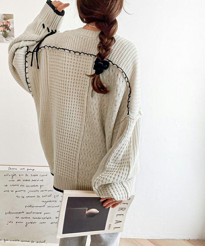 日本 Classical Elf - 2way跳色毛線編織寬鬆長版毛衣-摩卡