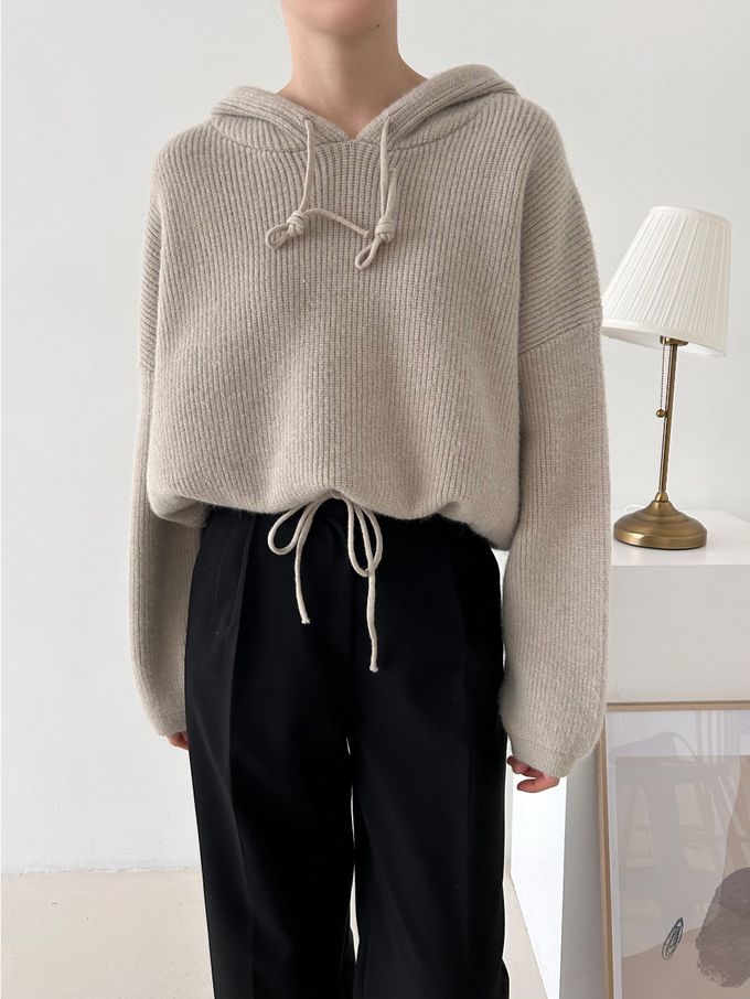 韓國女裝連線 - 連帽抽繩長袖針織上衣-米白 (FREE)