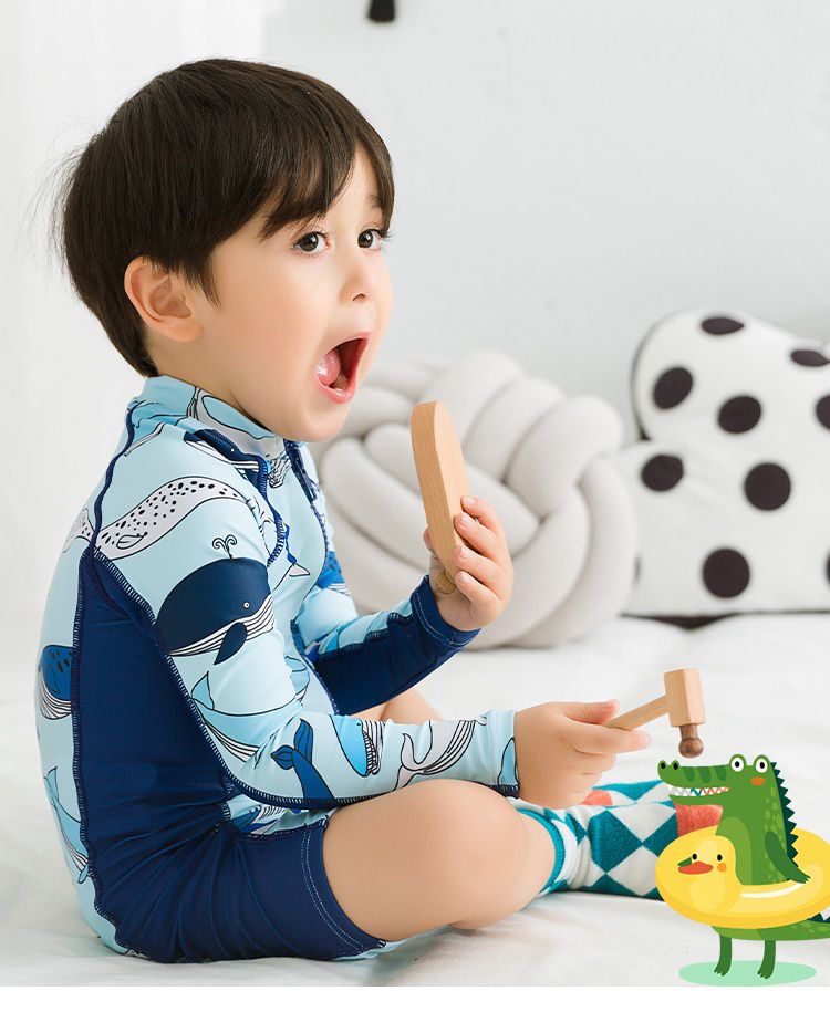 男寶長袖連身泳裝(附帽子)-鯨魚-深藍+淺藍