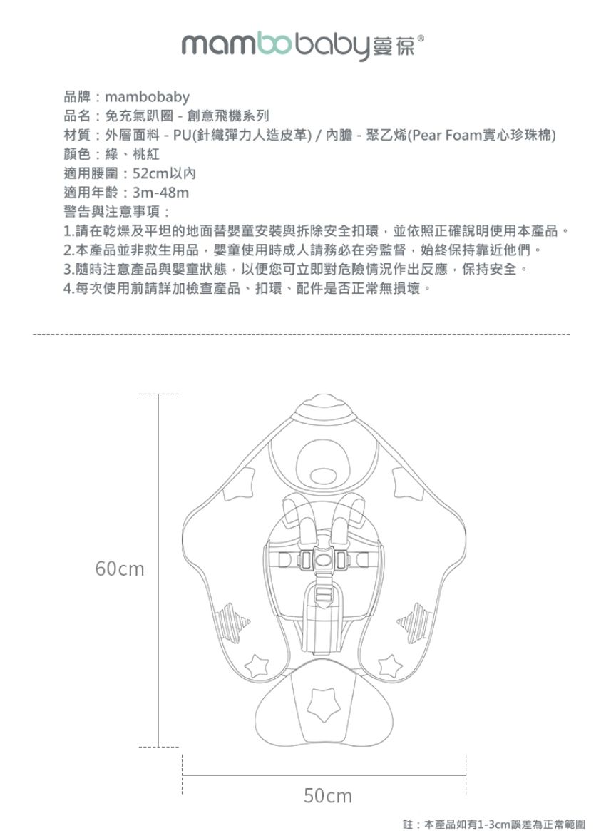 Mambobaby - 急速小飛機型免充氣游泳趴圈(附遮陽罩)-綠色